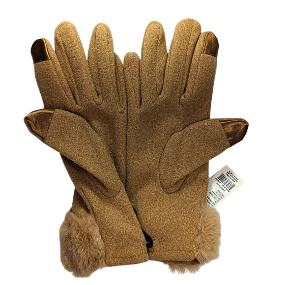 Jack & Missy NWT Gloves Super Soft Faux Fur Trim Camel Brown Text Phone Fingers - Picture 2 of 6